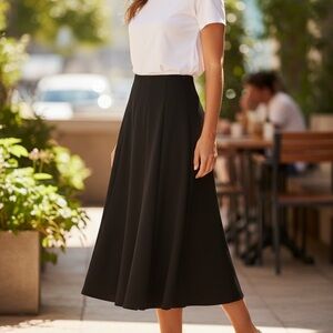 VINTAGE (10P) Midi Panel Skirt TAN JAY Black Elastic Back Waist Pull-On Stretch